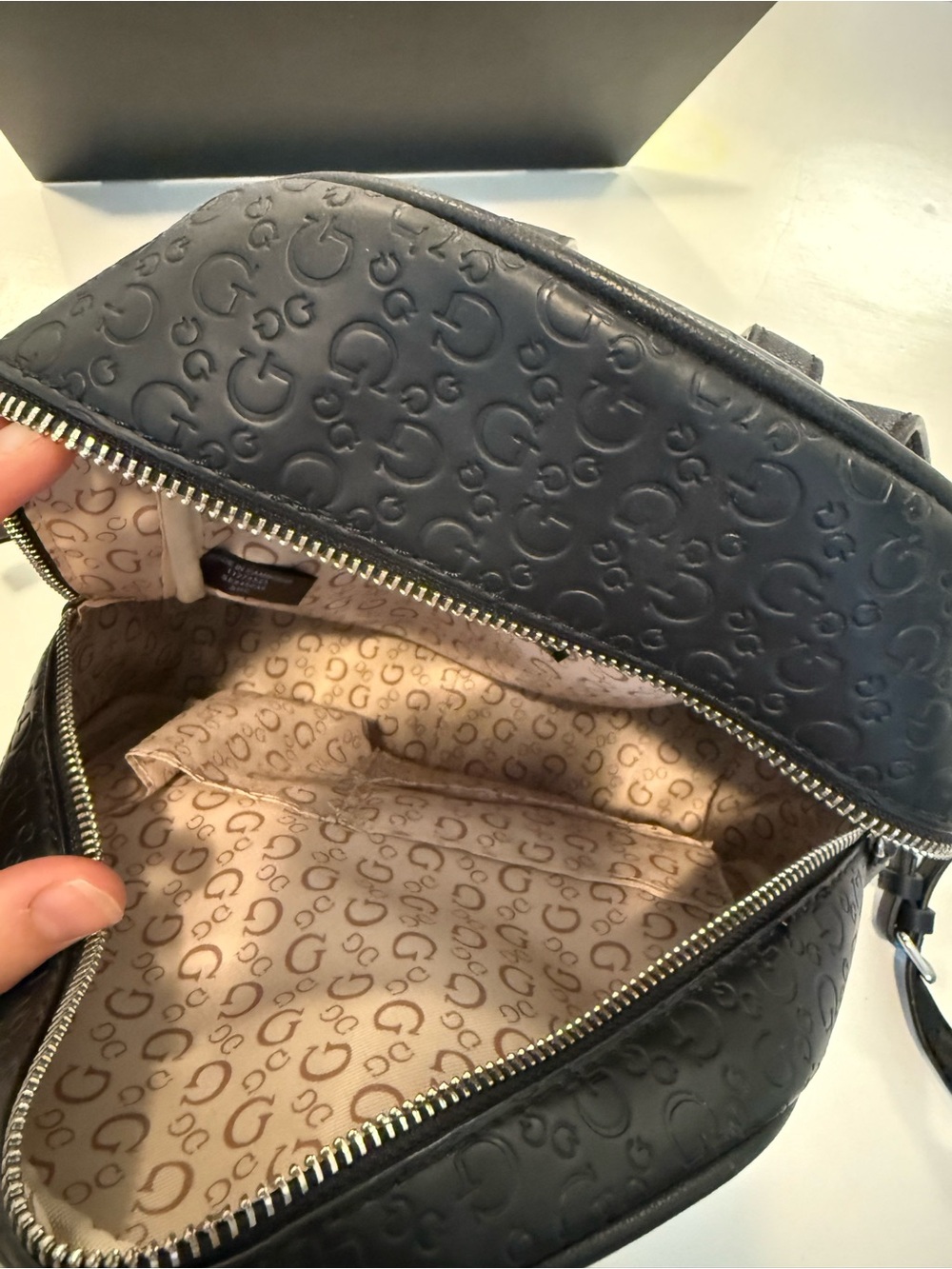 Guess Cream and Light Brown Logo-Print Mini Backpack - Picture 3 of 6